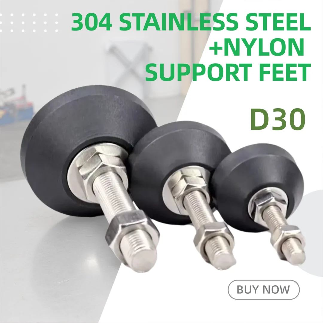 4Pcs D30 304 Stainless Steel Nylon Adjustable Furniture Feet Anti-Slip/Shockproof Machine Foot Cup M3-M6 Screw Length 15-100mm