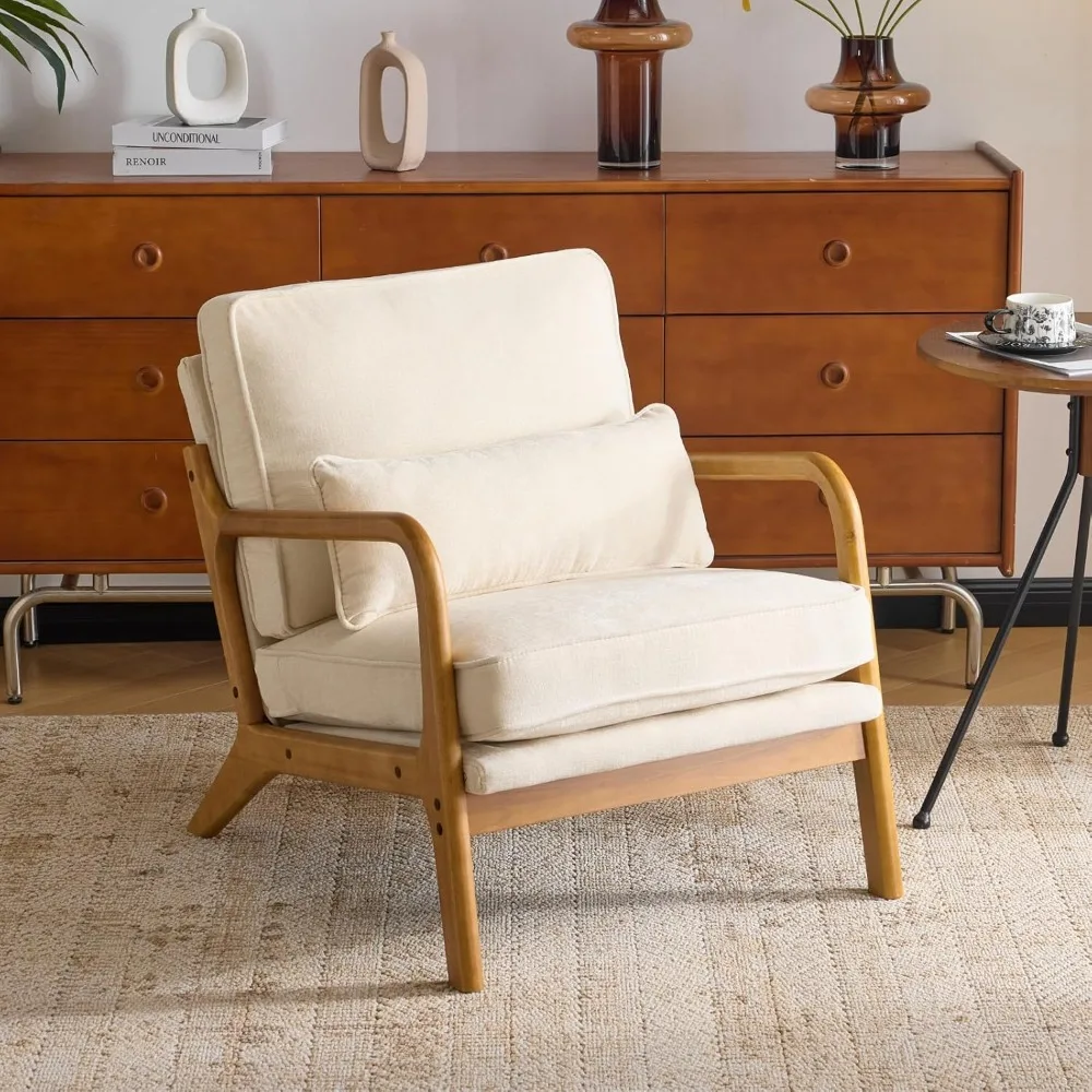 

Mid-century Modern Armchair, with Lumbar Pillow and Oak Armrests, Plush Chenille Living Room Chair for Bedroom