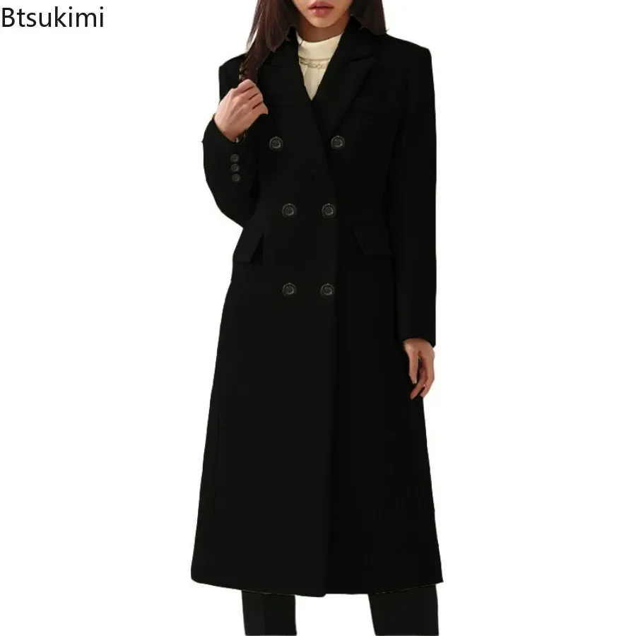 2025 Women's Winter Warm Coat Jacket Solid Elegant Woolen Double Breasted Pocket Slim Fit Long Wool Blends Female Outwear Coats