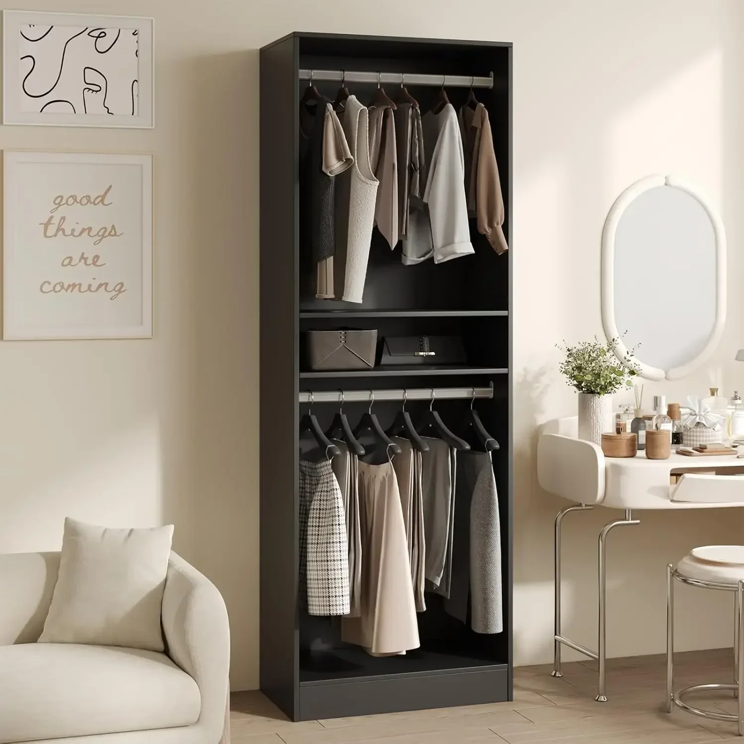 25'' Freestanding Closet System with Shelves, Wood Closet Organizer System with Hanging Rods, Walk-in Closet Tower, Clothes Garm