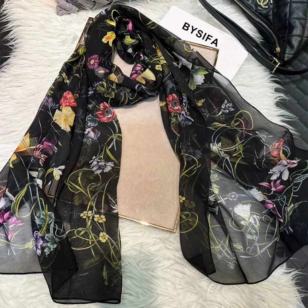 BYSIFA-Lenço preto de seda pura para mulher, xale floral, lenços longos, envoltórios, foulard, elegante, verão, praia, moda, novo, outono, inverno