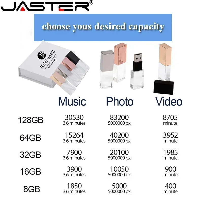 JASTER Rose Gold Crystal Pen Drive2.0 128GB 64GB Gold Crystal 32GB 16GB USB Stick Free Custom Logo White Paper Box Wedding Gifts