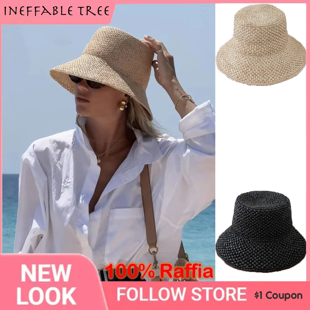 ins-raffia-natural-woven-flat-bucket-hats-for-women-summer-sunscreen-beach-sun-foldable-outdoor-wide-brimmed-straw-cap-bob-homme