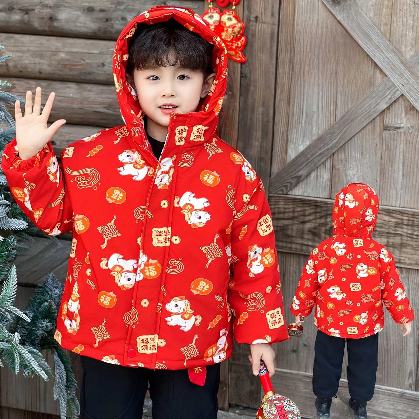 

Зимняя хлопковая куртка для мальчиков, праздничная красная одежда для детей на Новый год, из полиэфирного волокна, на молнии...
