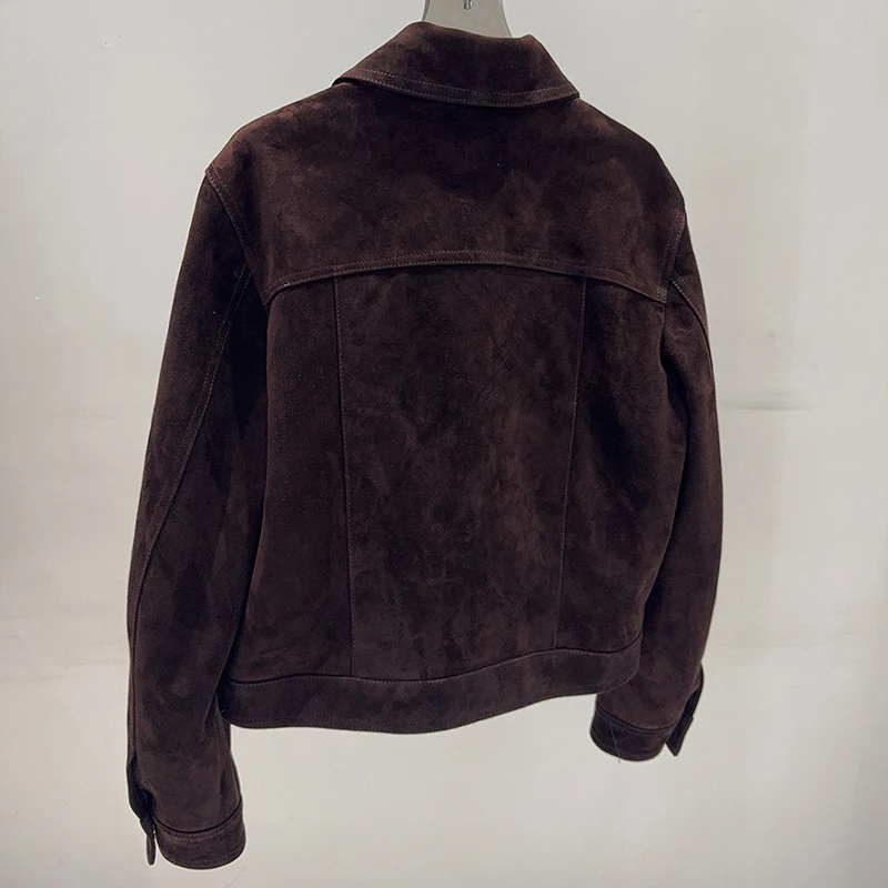 カジュアルブラウン/コーヒー本革ショートジャケット 2026 新しい女性用ゴートスキンスエードクラシックオートバイレザージャケットコート ファム