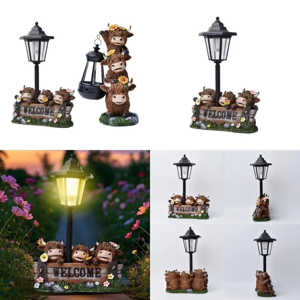 

Weather Resistant Highlands Cattle Statue Solar Yard Art Resin Landscape Welcome Sing Figure for Backyard Garden Decors D2RD