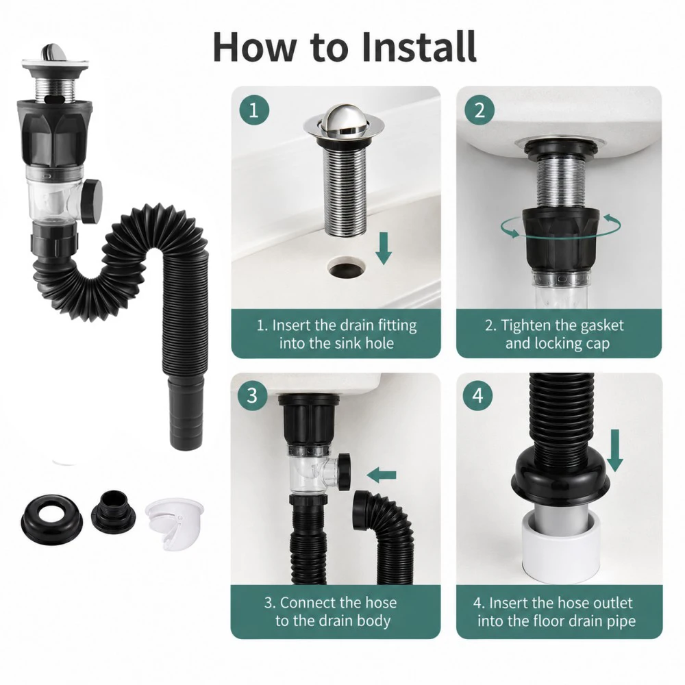 1-5Pcs Kitchen ABS Sink Drain Kit Drain Stopper Flexible Hose Body Stainless Steel Top Side Outlet Basin Drain Pipe Set image 5