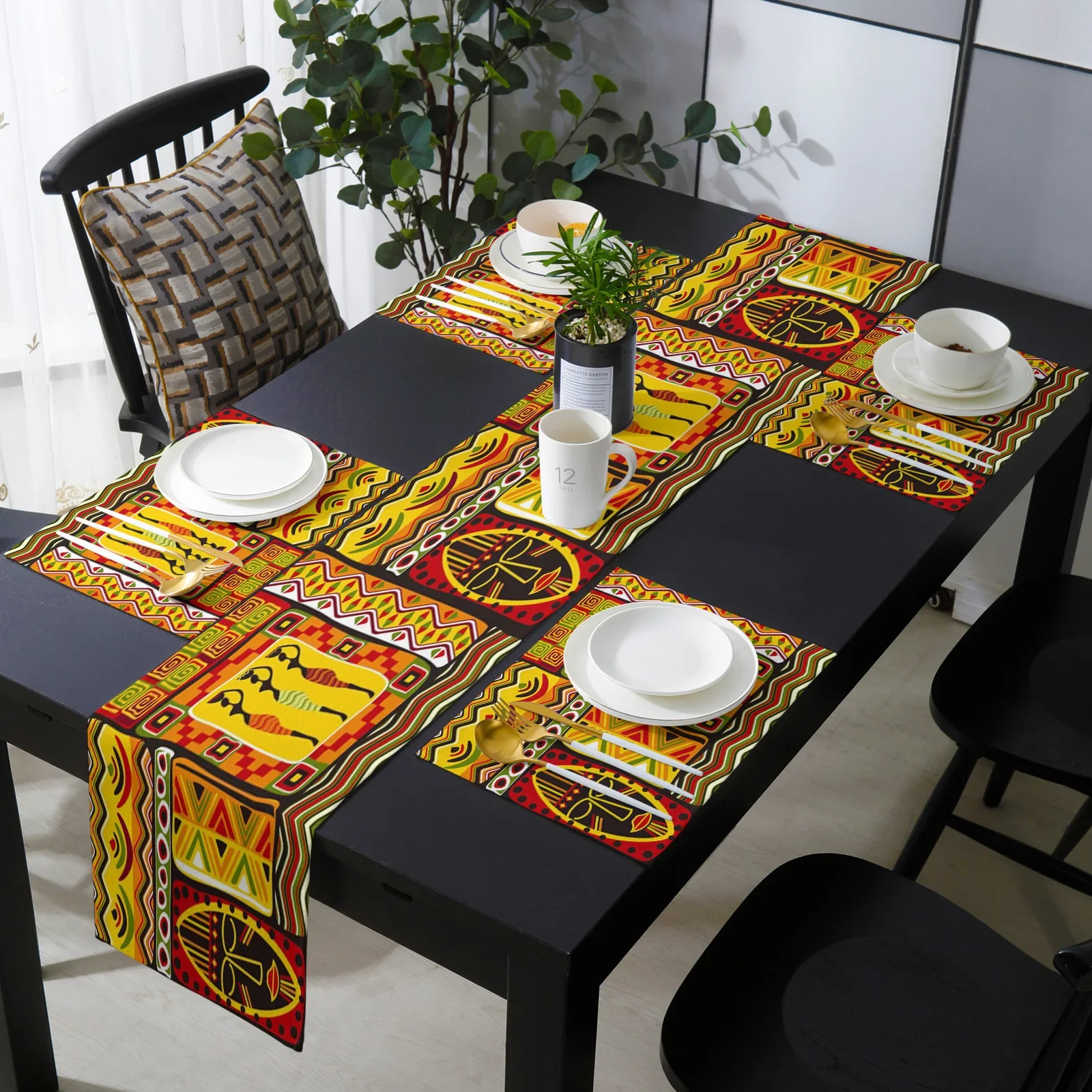 Exotic African Women Geometric Shapes Table Runner and Placemats Set Wedding Table Decoration Table Runner for Kitchen Dining