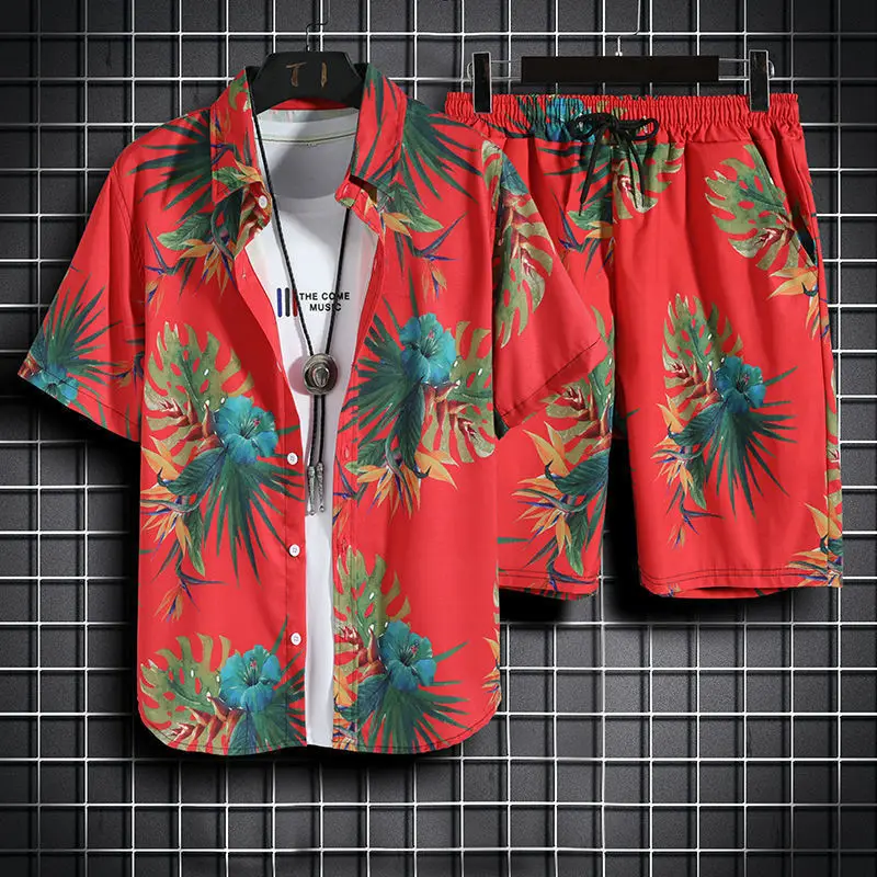 Conjunto de camisa e shorts curtos estilo havaiano masculino, shorts de praia casuais, verão ao ar livre, à beira-mar