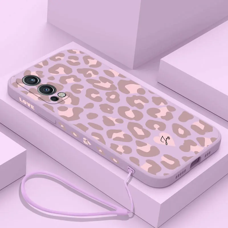 Color Leopard Print Phone Case for Oneplus Nord 2 9R 9 8T 8 7 7T Pro 6 5G Liquid Silicone Cover with Hand Strap