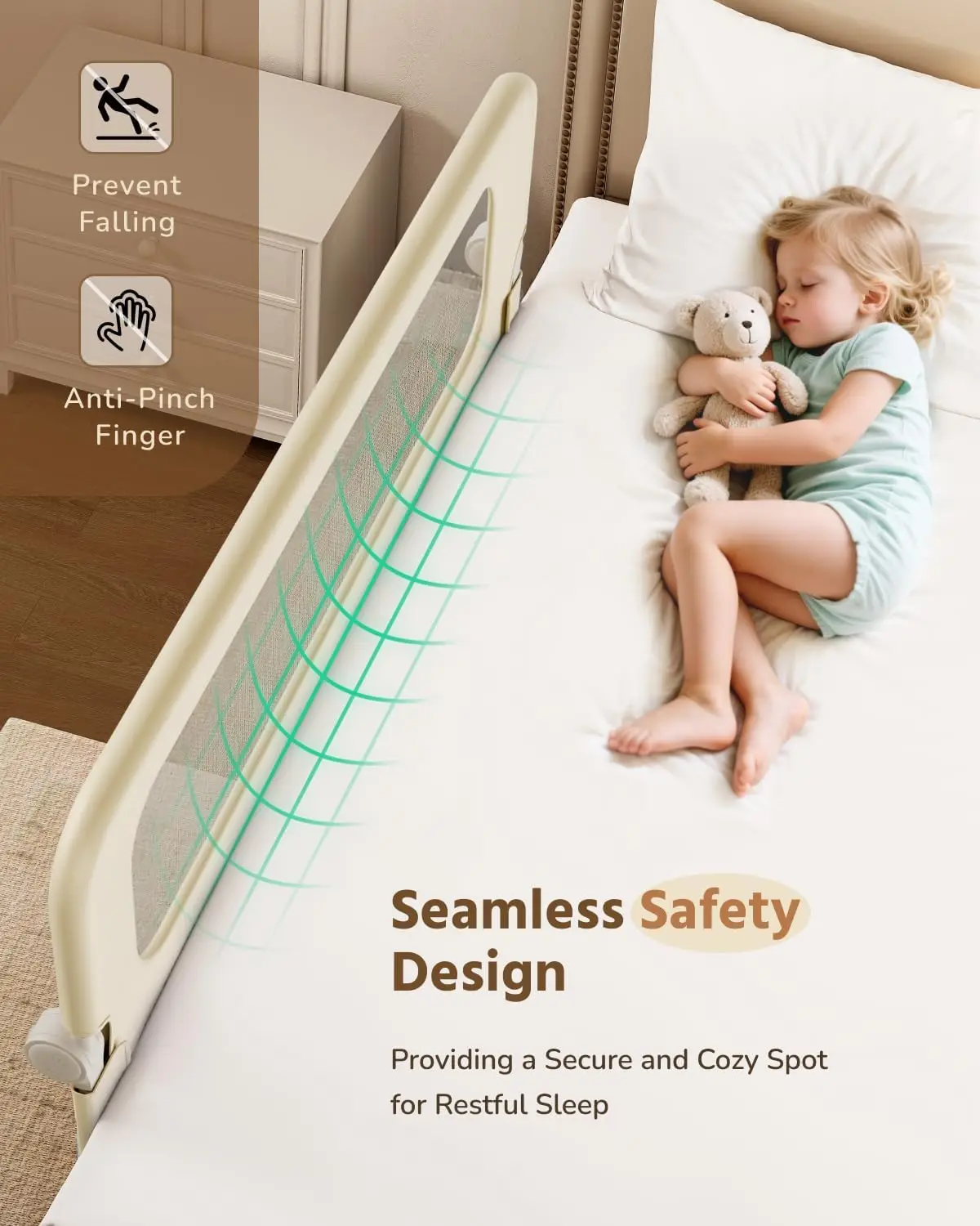 حاجز سرير طويل جدًا للأطفال الصغار مع قاعدة على شكل حرف U، شبكة مسامية للسلامة، يناسب مراتب التوأم إلى الملك #5