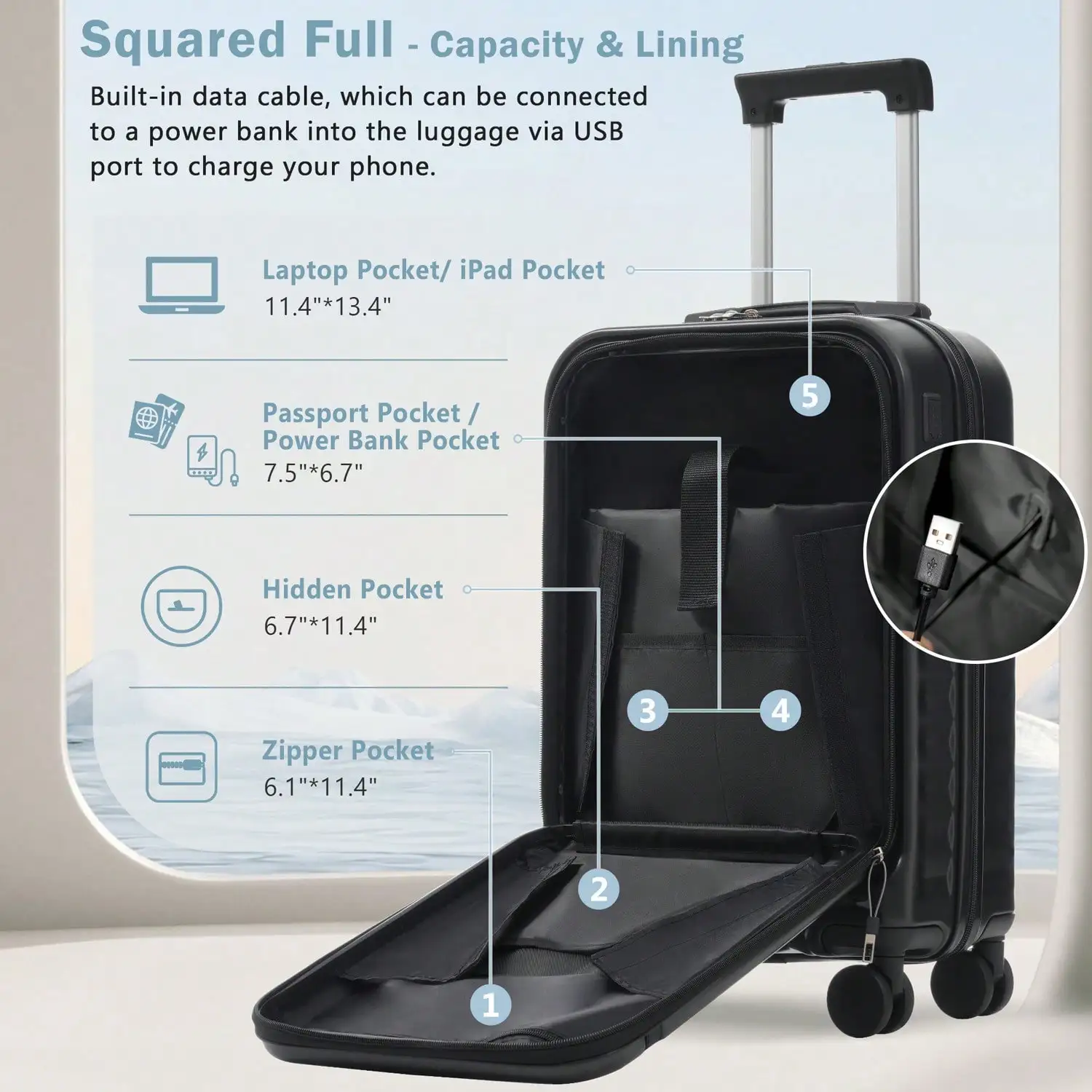 3‑Piece Front‑Opening Hardside Luggage Set,Black Expandable Carry‑On Suitcase with USB Port,TSA Lock,360° Spinner Wheels & Bonus Handle Bag,Lightweight Hard Shell Rolling Luggage for Business,Vacation & Overnight Travel Essentials