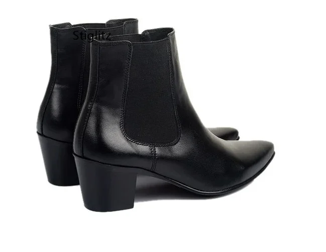 Men Black Leather Ankle Boots with Heels Snakeskin Pointed Toe Men's Fashion Chelsea Boots Slip On Work Shoes High-Top Shoe Male