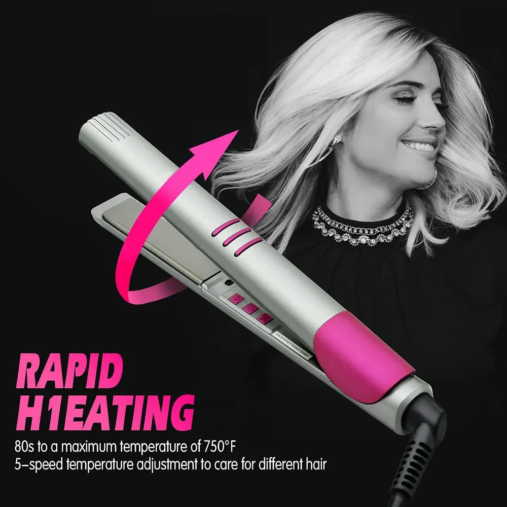 Professional Flat Iron Negative Ions Electric Hair Straightener Fast Heating Curly Roller Max 750℉ 38W Dry and Wet Uses Portable