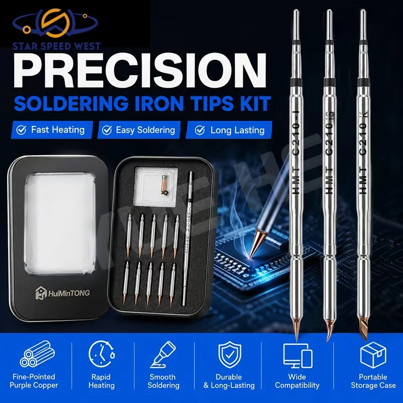 HMT C210 Ultra Fine 0.2mm Soldering Iron Tip Fast Heating High Temp Resistant Replaceable Design for Phone CPU Motherboard Repai