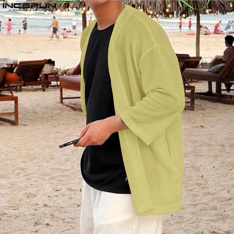 

INCERUN Мужская рубашка, однотонная, с открытой строчкой, рукав 3/4, свободный повседневный мужской кардиган, уличная одежда, 2025 г., модная мужская одежда, верхняя одежда