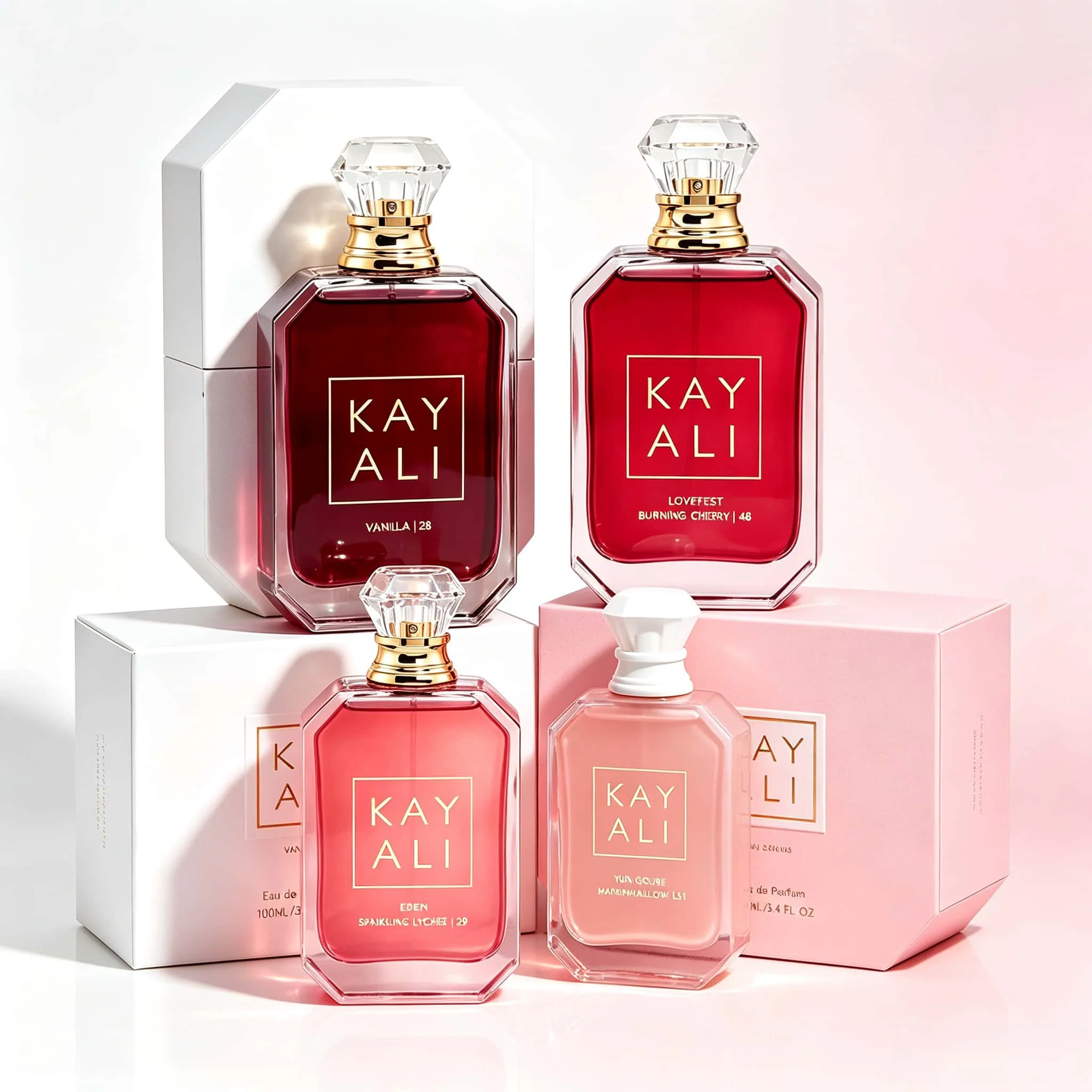 Kayali Parfüm-Set, 4 Flaschen Eau De Parfum für Damen, Vanille |   28, Lovefest Burning Cherry |   48, Eden Sprudelnder Litschi |   39, Yum Boujee Marshmallow |   81, Gourmand Sweet Fruity