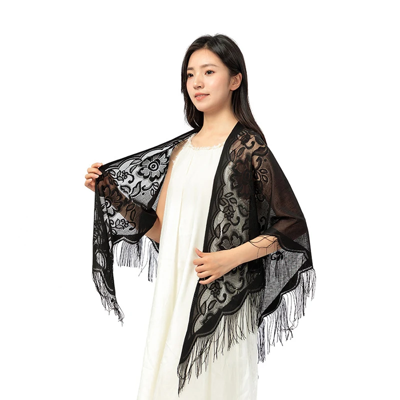 Multicolor Hollow Single Color Breathable Lace Tassel Triangle Shawl Female Fashion Scarf New Cheongsam Accessories