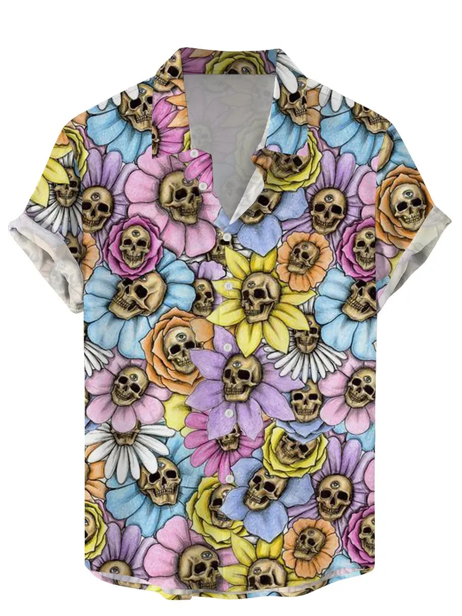 Vintage Skull Floral Men\'s Shirts Funny Skull 3D Print Streetwear Short Sleeve Tee Hawaiian Shirt Print Lapel Shirts For Men