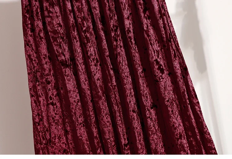 Burgunderroter Plissierter Samt-Midi-Rock für Damen, A-Linie, Herbst/Winter 2026, Vielseitig, Figurbetont, Mittellang, Lässig, Vielseitige Halbrocke – Detail 18