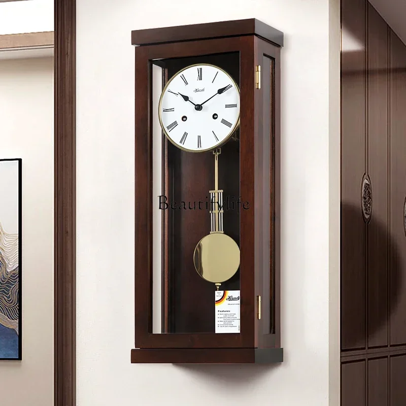 New Living room mechanical pendulum clock solid wood simple square wall hanging retro timepiece