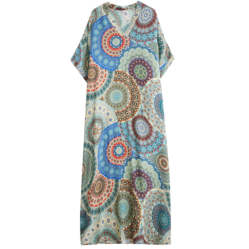 Letnia jedwabna długa spódnica plażowa z dekoltem w serek, luźna, plus size, maskująca niedoskonałości, słodka, z elastyczną talią, rękawami typu nietoperz.