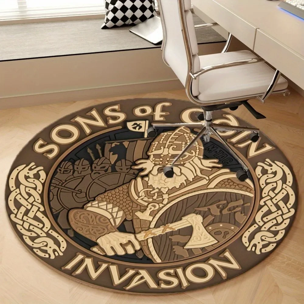 Viking Sons of Odin Round Area Rug, Nordic Warrior Theme Office Chair Mat, Non-Slip Floor Carpet for Living Room Bedroom