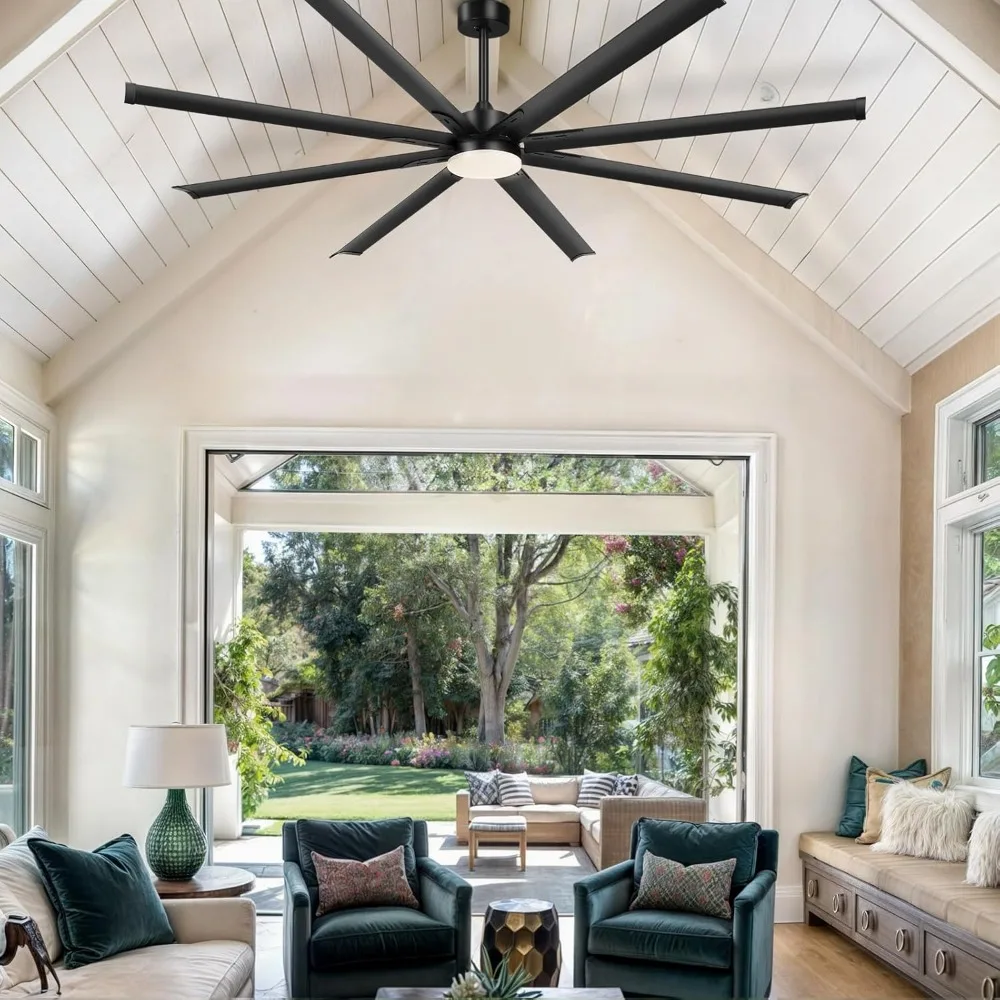 

96 Inch Industrial Black Ceiling Fan with Light and Remote, Large Modern Ceiling Fan with 8 Blades, 3 Downrods, 6 Speed, 3 LED