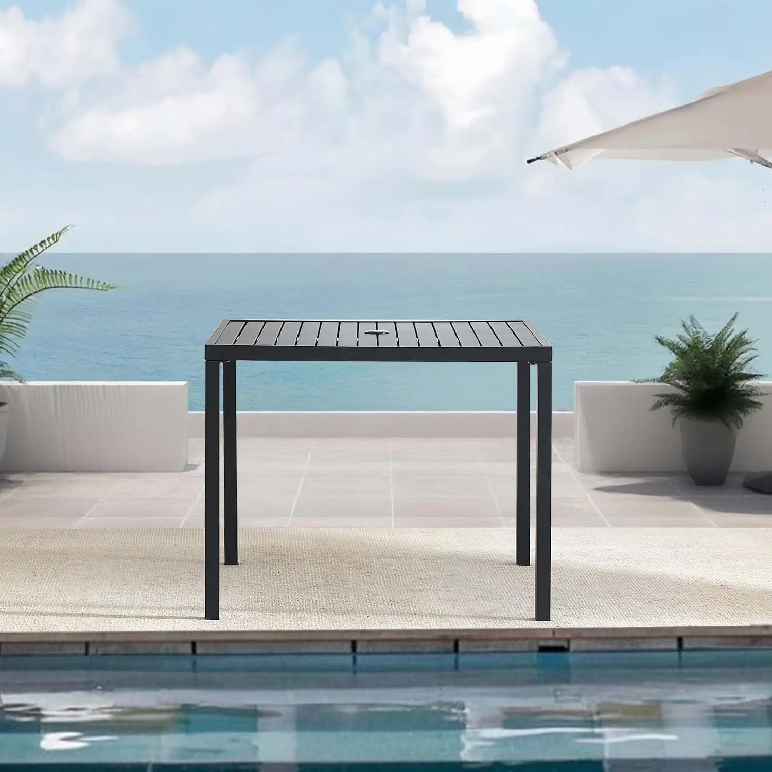 

Всепогодный квадратный уличный стол для патио на 4 персоны, металлический обеденный стол с отверстием для регулируемого зонта, для сада, на заказ