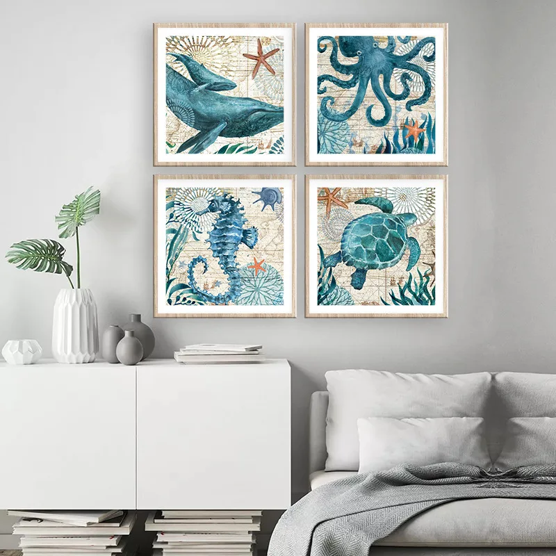 

Marine life retro turtle sea horse octopus whale decoration children's room canvas painting