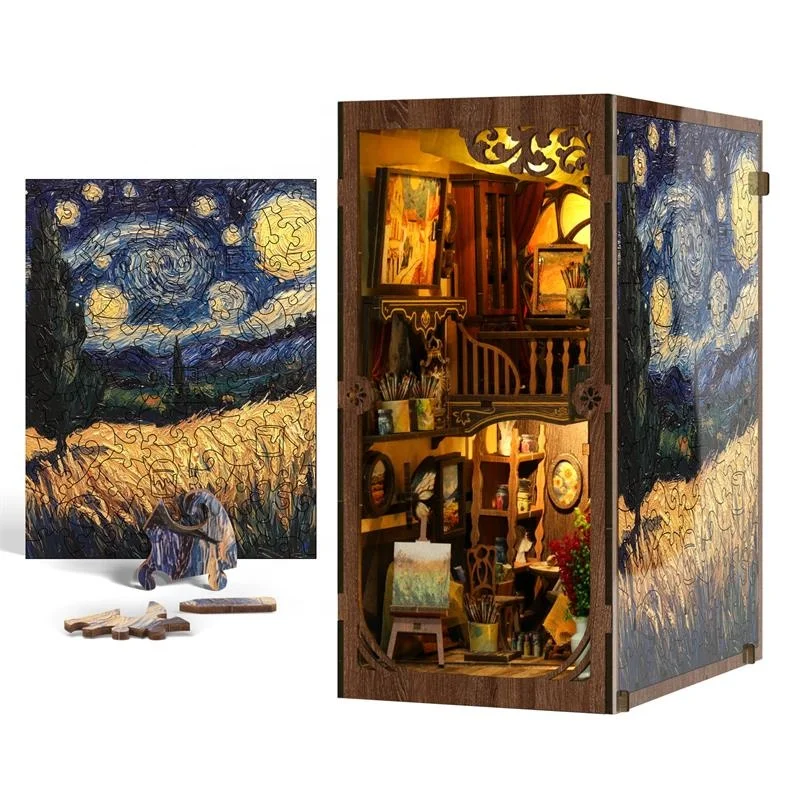 For the world puzzle book in the new frame, 3D wooden handmade assembled toy model, small house