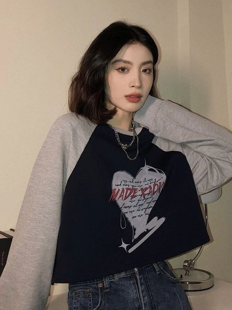 Vintage Y2K Sweatshirts Women Harajuku Kpop Streetwear Aesthetic Patchwork Long Sleeve Tshirts Crop Top Hoodie Retro