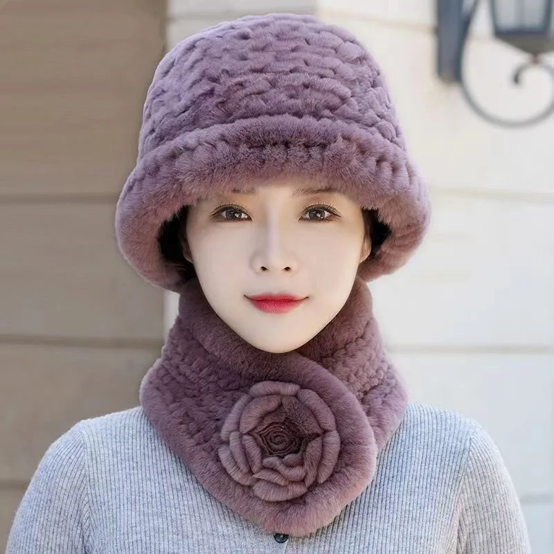 Autumn and Winter Women's 100% Real Otter Rabbit Fur Woven Scarf Hat Set Warm and Breathable Versatile Women's Scarf Hat Set