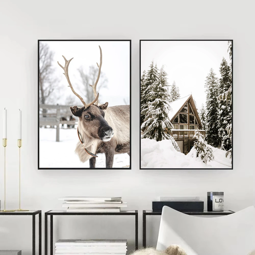 

Winter Snow Plants Leaf House Wall Art Poster Canvas Painting Elk Print Christmas Posters Nordic Wall Pictures Living Room Decor