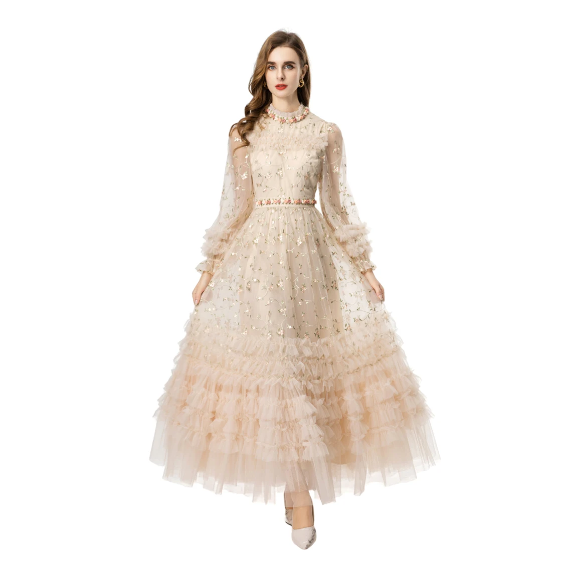 Vestido maxi feminino bordado floral, gola redonda, mangas compridas e saia de tule com babados em várias camadas para ocasiões especiais, vestido de festa