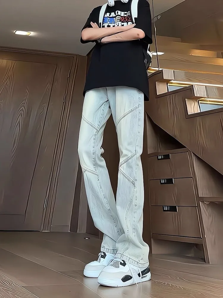 

Ретро-джинсы в американском стиле с вставками, мужские, зауженные, прямые, слегка расклешенные, молодежные, модные, повседневные, износостойкие, со средней посадкой