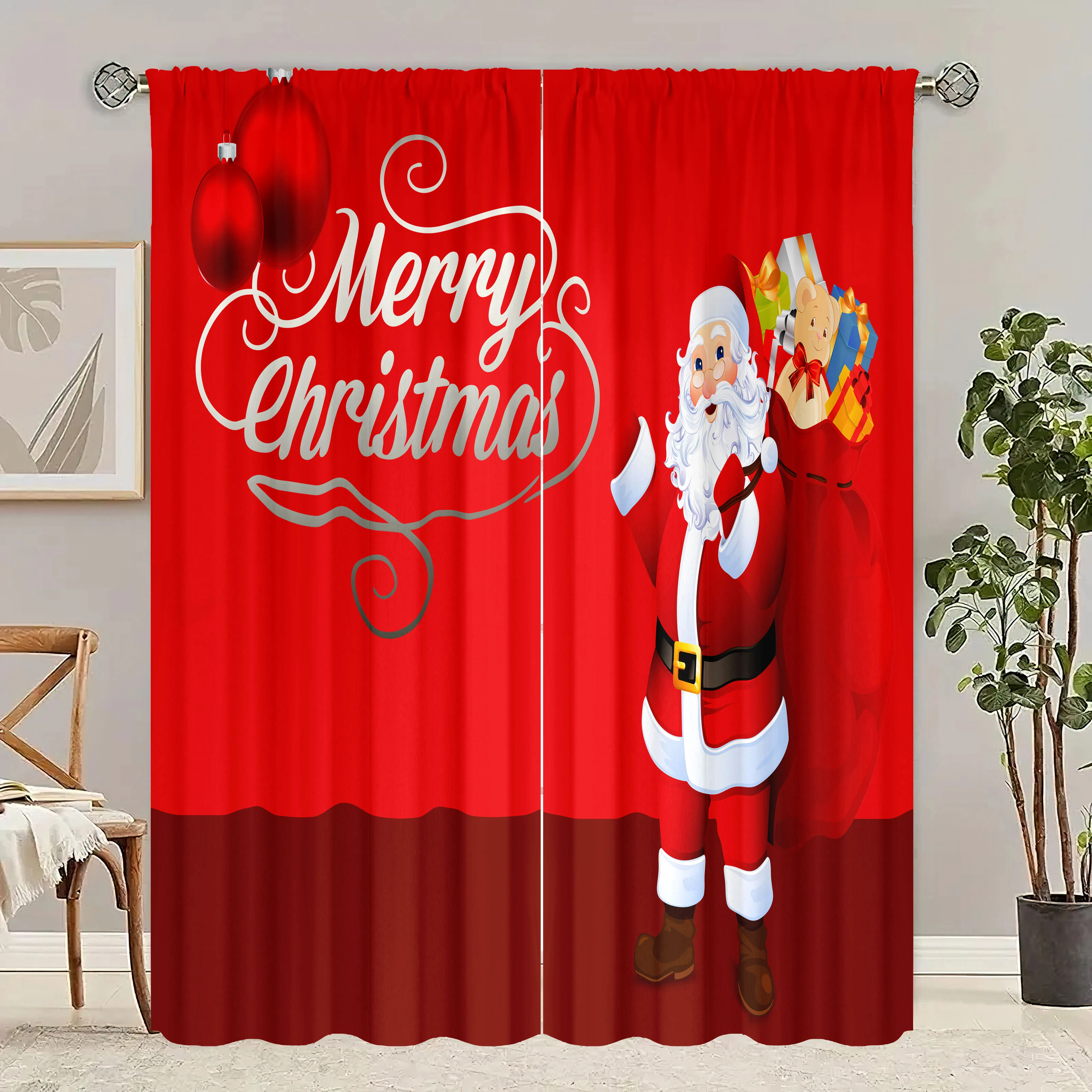 

2 pcs-Christmas decorated red printed curtains - polyester material - suitable for bedroom, living room, study, private space