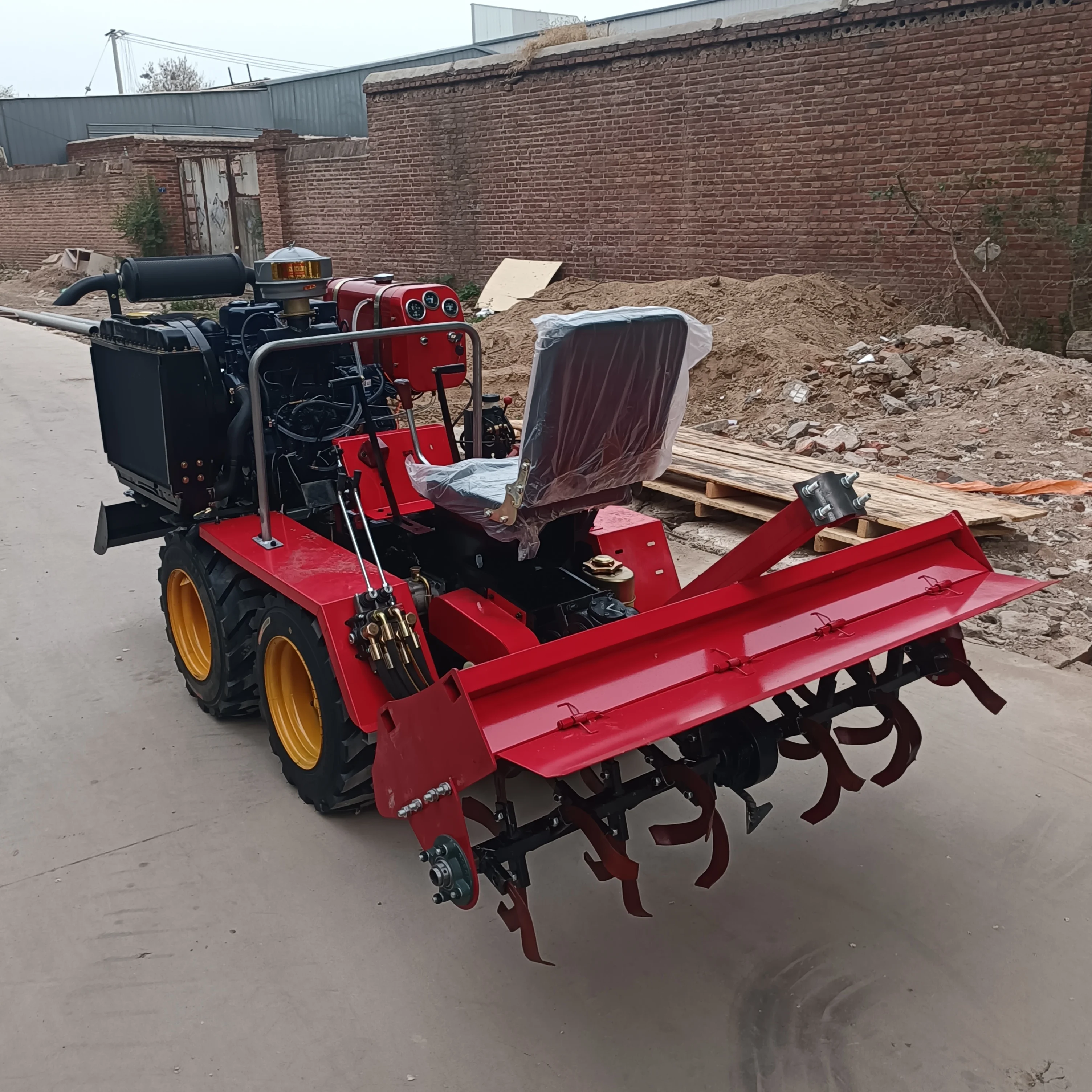 Ride On 4 Wheel Mini Rotary Tiller Diesel Wheel Type Cultivator Multifunctional Farm Power Tiller For Greenhouse Orchard