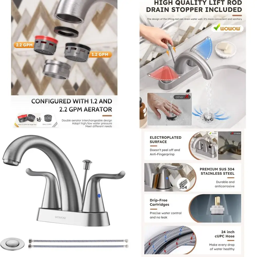 

2-Handle 4 Inch Centerset Bathroom Sink Faucet with Lead-Free Basin Mixer Tap and Lift Rod Drain Stopper in LavaBrushed Nickel F