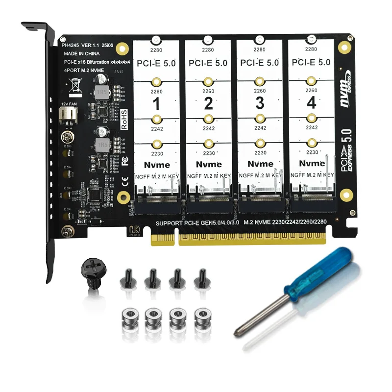 PCIE5.0 X16 to 4 Port NVME Adapter Bifurcation Card PCI-E GEN5 16X to 4 * 128Gbps Raid Card for 2230 2242 2260 2280 M.2 NVME SSD