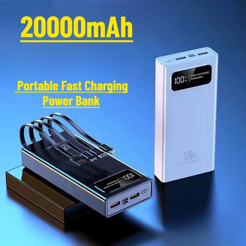 120W Power Bank 20000mAh Large Capacity Portable Fast Charging Power Bank with Four Cables for Mobile Phones