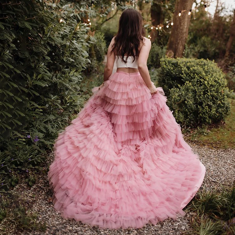 Vestido corto de satén con tirantes finos para boda, traje de dos piezas con tutú escalonado, de malla, con abertura alta, estilo rústico