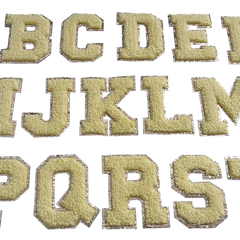 Chenille Embroidered Alphabet for DIY Towel, Gold Glitter Letter, Yellow Color, Self-adhesive Patches, Wholesale