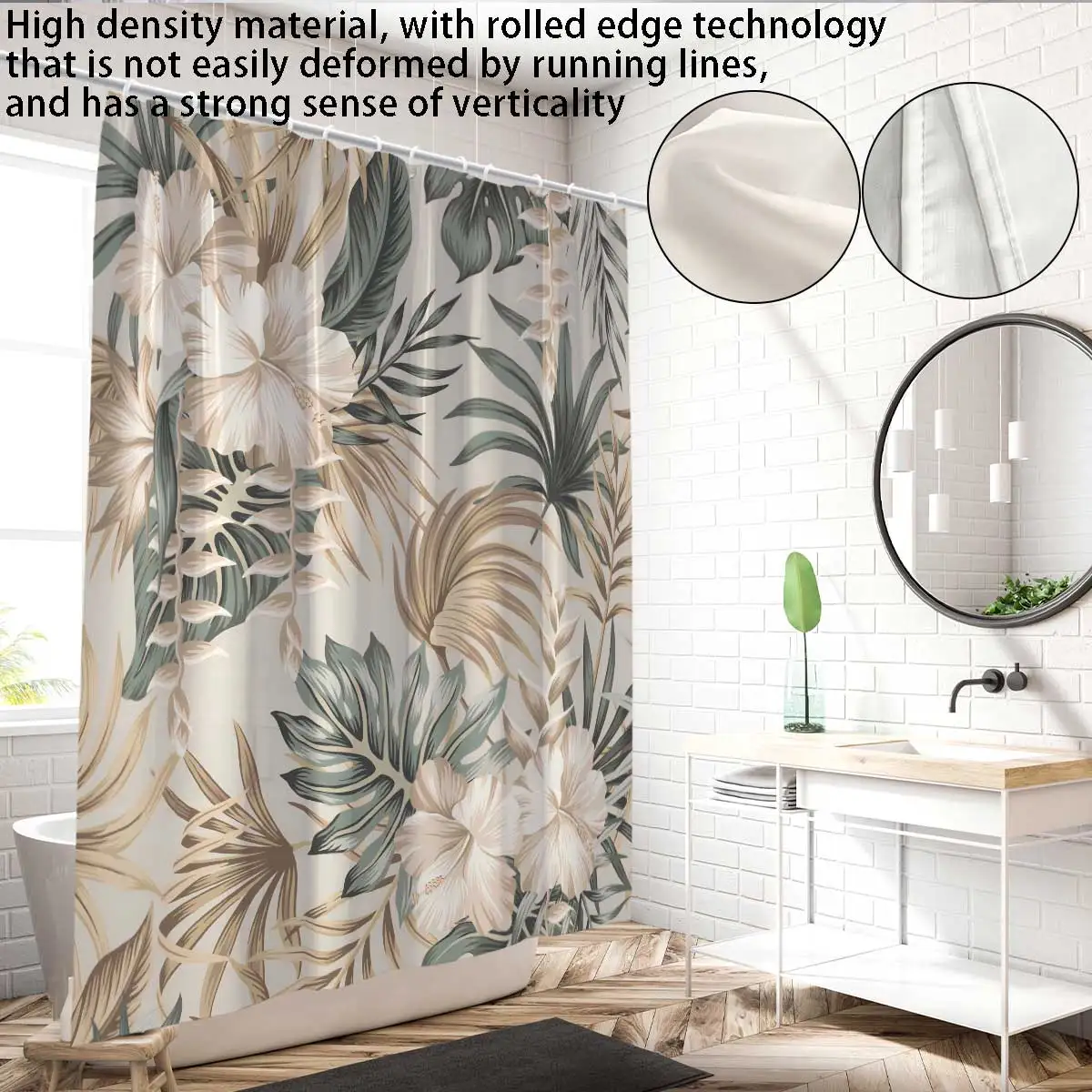 1pc Monstera Deliciosa Floral Print Shower Curtain, with 12 Hooks, Machine Washable, for Shower Partition and Privacy Protection
