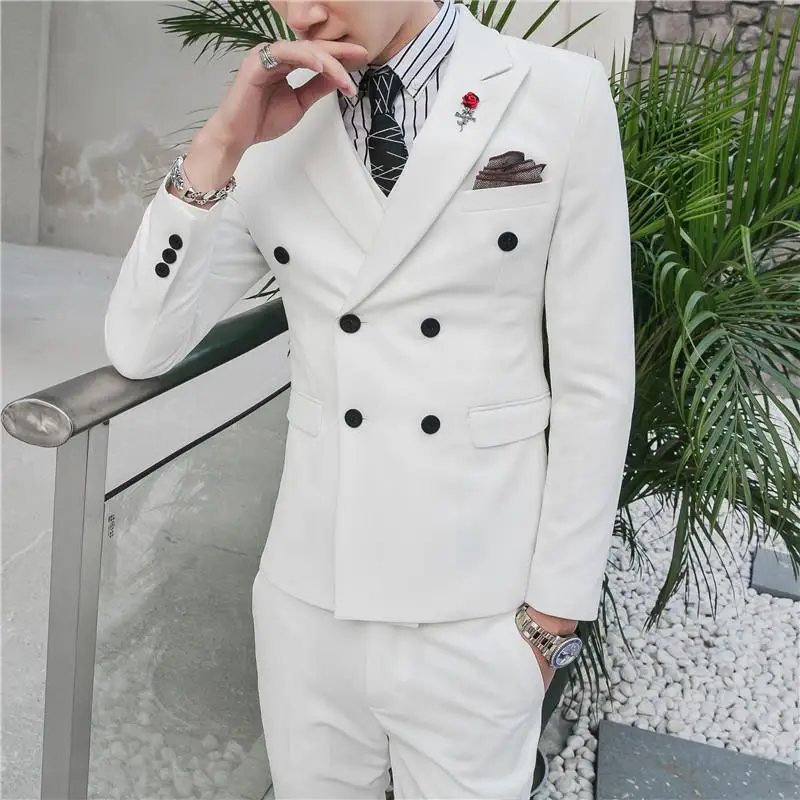 

Blazers Jacket Pants Vest 2 Pcs Set Fashion Men's Casual Boutique Business Solid Double Breasted Groomsmen Wedding Suit B42