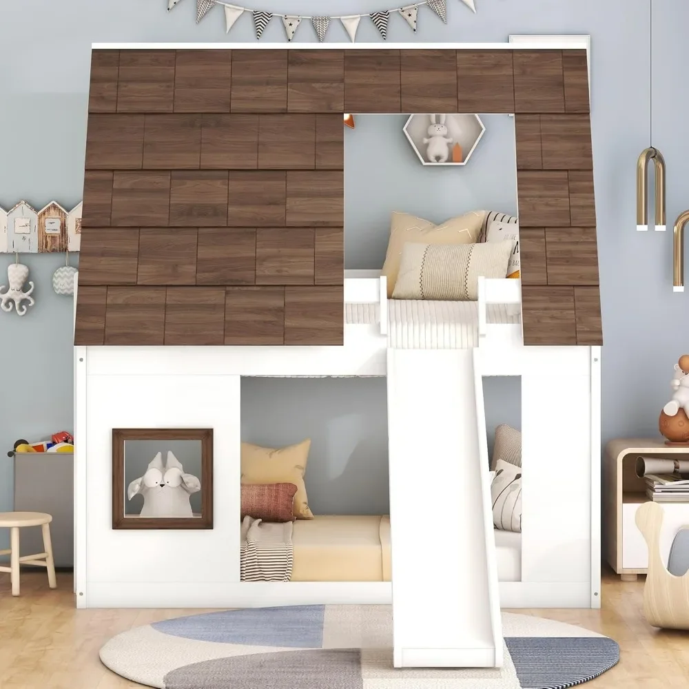 Twin Over Twin House Bunk Bed with Roof and Window Wood Low Bunk Bed with Slide and Built-in Ladder Kids Bunk Bed Frame