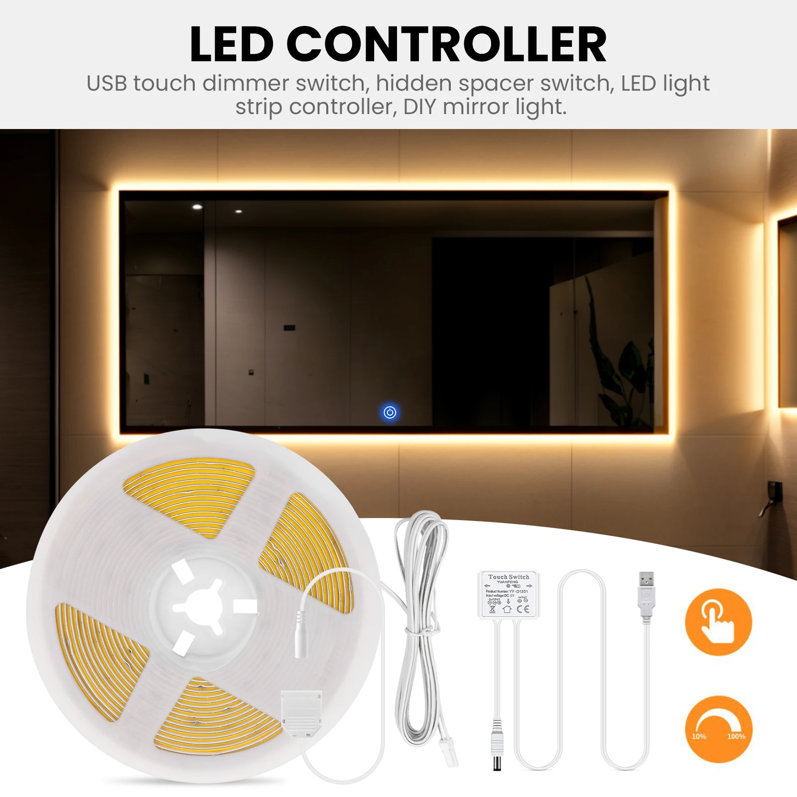 

Touch Switch Sensor Under Cabinet USB COB LED Strip DIY Kitchen Shelf Pantry Showcase Closet Under Cabinet Dimmer Backlight Lamp