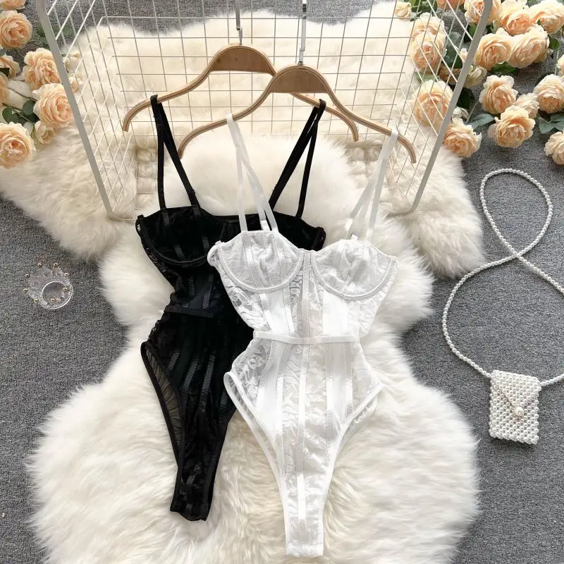 Pure Desire Sexy Lace One-Piece Swimsuit Women's Body Slimming High Waist Short Pants Integrated Strap Design Innerwear