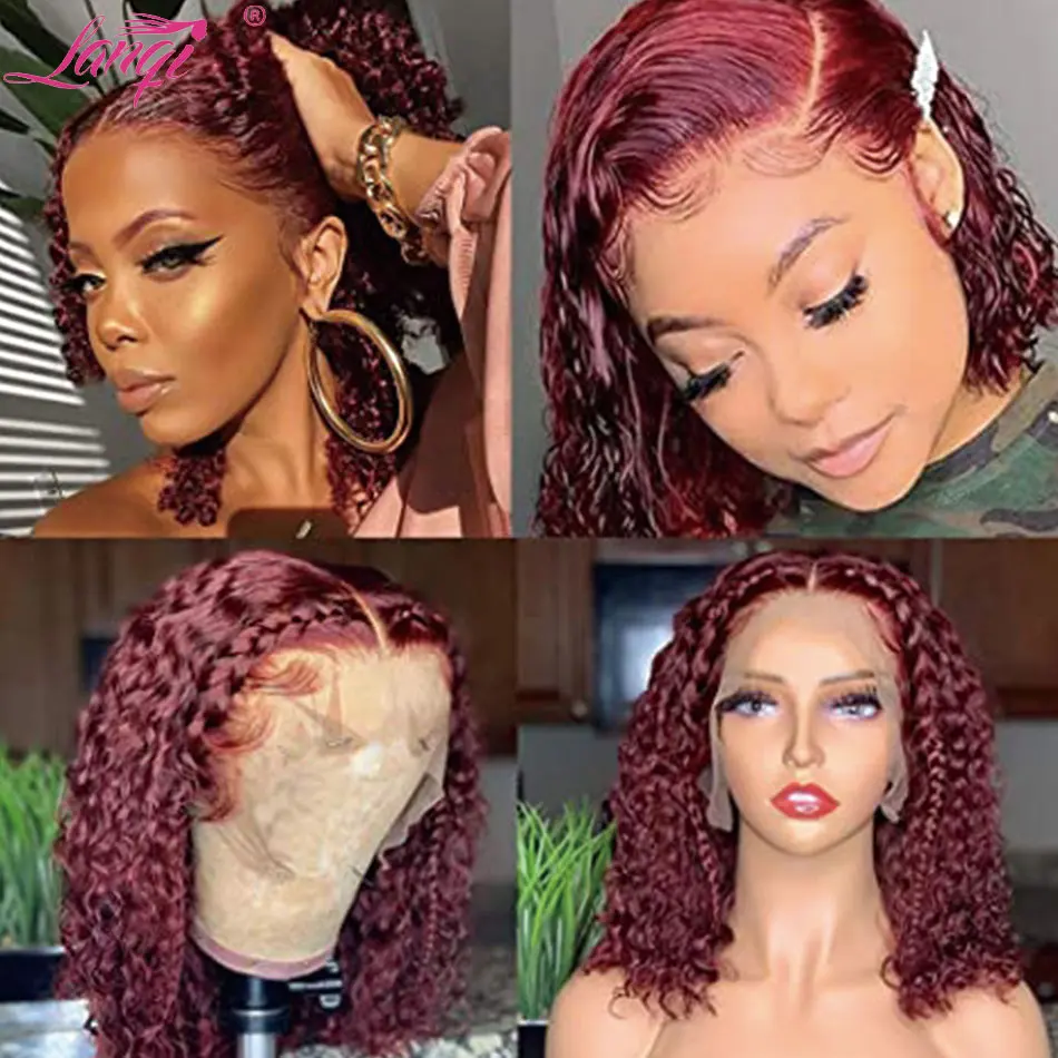 99J Burgundy Short Curly Bob Wigs 13x4 Lace Frontal Wigs For Women Human Hair With Baby Hair Transparent Lace Water Bob Red Wig