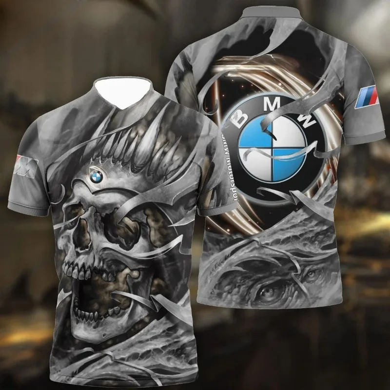 تي شيرت كاجوال عصري عالي الجودة لسباق الدراجات النارية للرجال، تي شيرت BMW جمجمة ثلاثي الأبعاد مطبوع عليه رعب بأكمام قصيرة
